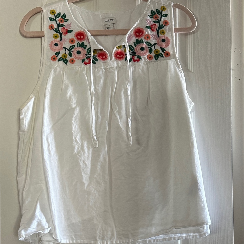 J. Crew White Sleeveless Top with Floral Embroidery linen/cotton blend